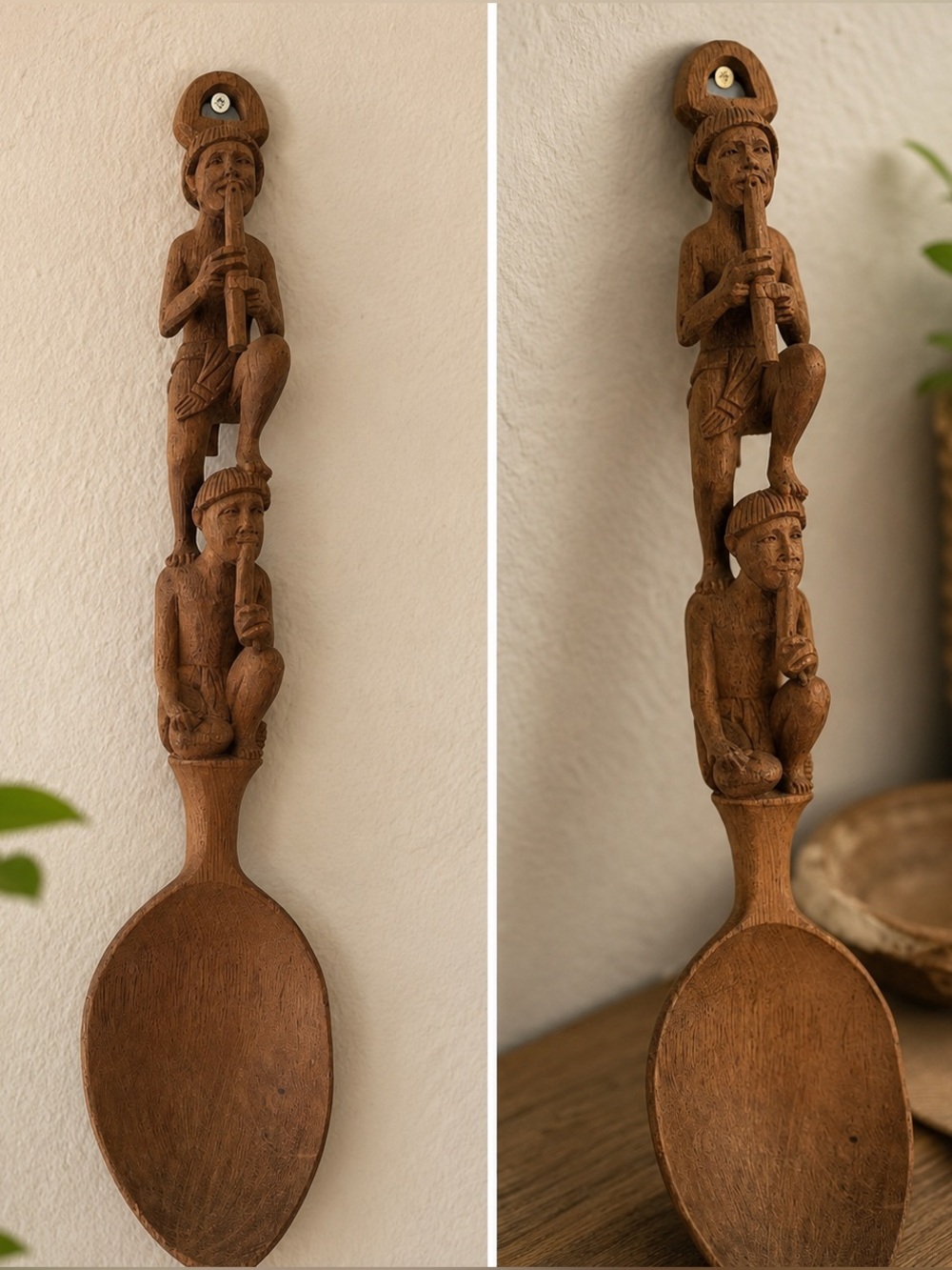 VTG Hand Carved Wooden Spoon Tribal Folk Art Figures Tiki Style Wall
Decor 14"